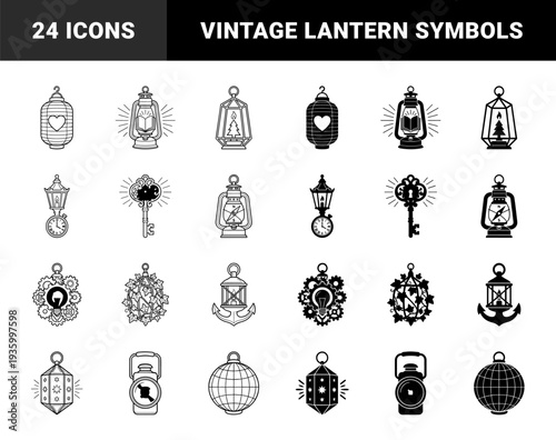 Collection of hybrid lantern symbols merging traditional lamps with metaphorical elements like clocks keys books hearts and maritime anchors in linear and solid styles