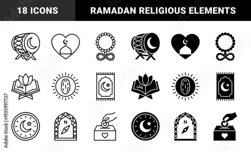 Monochrome Islamic religious symbols featuring hybrid geometric motifs integrated with crescent moon star masjid silhouette and traditional prayer artifacts