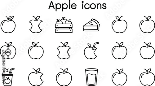 Apple icons collection featuring fresh fruit, bitten apple, apple juice, pie slice and crate symbols in outline style for food design