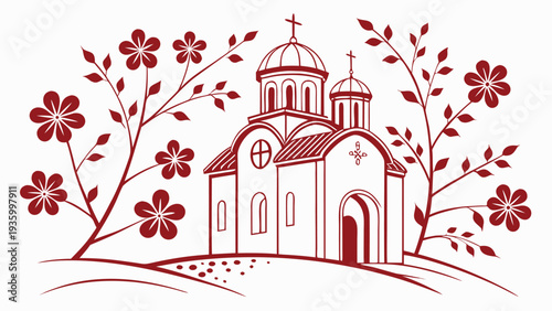 Red silhouette of orthodox church with flowers and trees