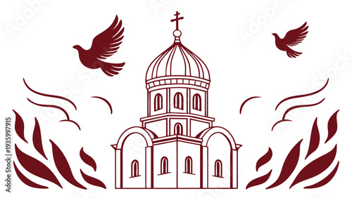 Orthodox church poster with dome and flying doves church dome cross flames