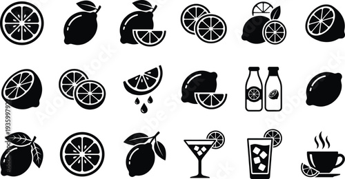 Lemon icons collection featuring citrus fruit, lemon slices, juice bottles, cocktail drink and fresh lemon symbols in solid silhouette style for food design