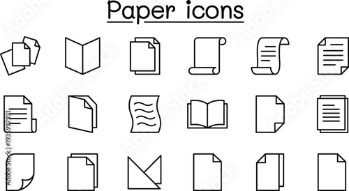 Paper icons collection featuring document sheets, scroll, notebook, file pages and paperwork symbols in outline style for office, business and documentation design
