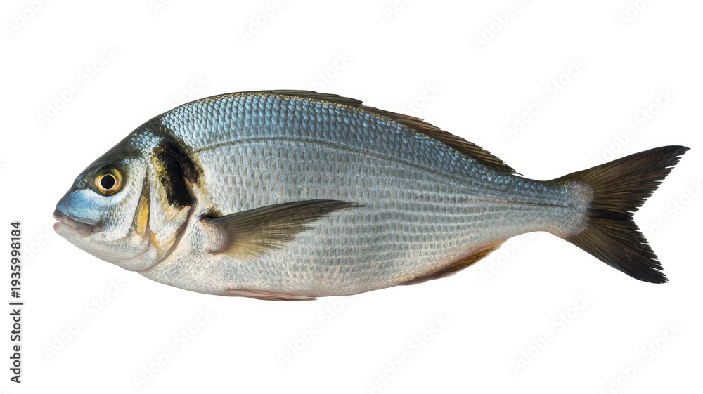 Obraz premium Silver and black fish on white background scales fins