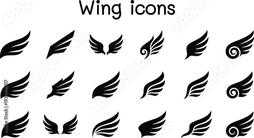 Wing icons collection featuring angel wings, bird wings and flying feather symbols in solid silhouette style for logo, tattoo, emblem and graphic design