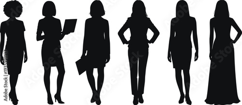 Women silhouette collection featuring businesswomen standing poses, professional female characters with laptop and documents isolated for corporate, fashion, people and business design