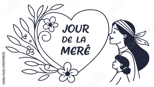 Minimal French Mother's Day typography with heart and mother child jour de la mere
