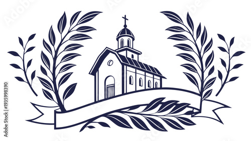 Romanian Orthodox Pentecost church banner with leafy wreath and empty scroll