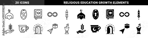 Islamic spiritual hybrid icons merging mosque with heart prayer beads with infinity and quran with academic cap for education and devotion