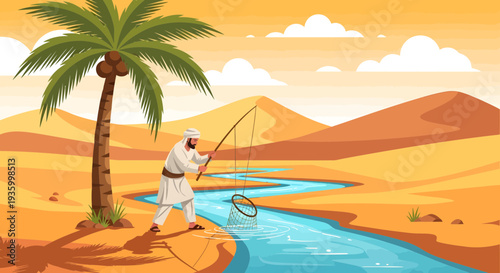 Man fishing in desert oasis with palm tree and pyramids.
