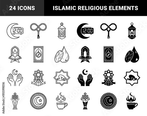 Islamic Ramadan religious symbol set featuring hybrid designs merging crescent moon with digital clock prayer rug with compass and incense with knot