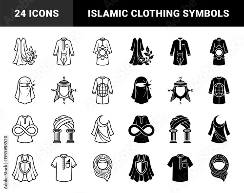 Traditional Islamic attire integrated with modern conceptual symbols featuring thobe and hijab garments merged with gear globe infinity and nature motifs