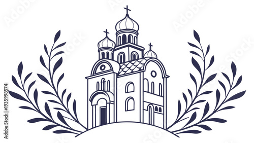 Orthodox church building with domes and crosses surrounded by laurel branches