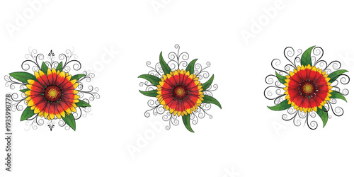 Decorative floral patterns with vibrant flowers and swirling leaves in a repeating design on a clean background from a straightforward viewpoint
