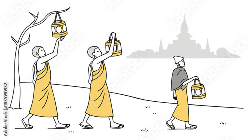Buddhist monks walking with lanterns in front of temple silhouette procession