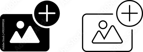 Icon representing image upload with a plus sign on a simple background used in various applications and websites