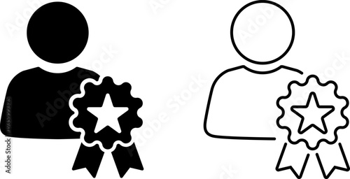 Black and white icons of a person holding a badge with a star representing achievement and recognition