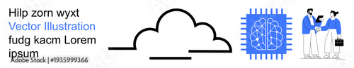 Cloud computing, team collaboration, AI innovation, business strategy, neural networks, data exchange. Icon of a cloud, AI chip and two people interacting. Cloud computing and AI innovation concept