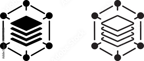 Logo design showing a layered structure connected by nodes and circles for a tech or network-related concept