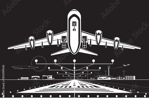 Big passenger airplane taking off from runway at airport by night – vector illustration