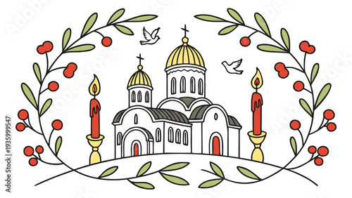 Orthodox church with golden domes and candles surrounded by greenery and red berries
