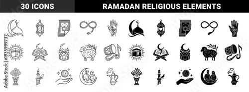 Islamic religious symbols combining crescent moon with mosque architecture kaaba pilgrimage sheep sacrifice quran book and prayer rug in outline and solid style