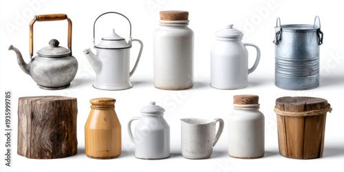 Collection of rustic antique items like enamel teapots and vintage milk cans, isolated on white, great for cafe or restaurant branding with a classic touch 