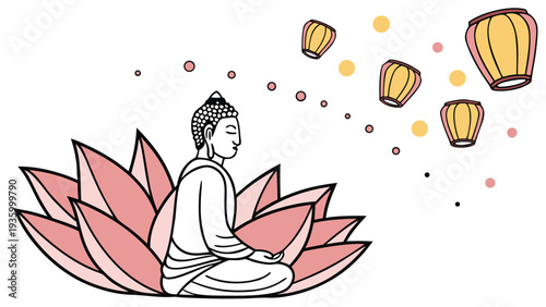 Buddha sitting on pink lotus flower with floating lanterns meditation Vesak Day