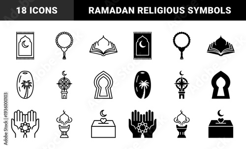 Islamic spiritual symbols and Ramadan traditions featuring prayer rugs prayer beads open holy books palm dates mosque minarets and charity box