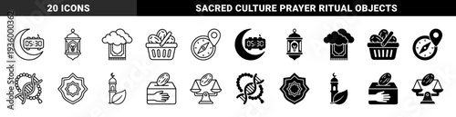 Islamic religious symbols merged with lifestyle elements featuring crescent moon alarm clock prayer rug cloud and date fruit basket in linear and solid style