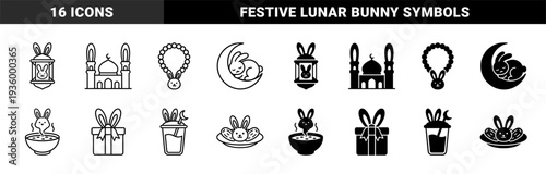 Hybrid rabbit and Islamic ramadan holiday symbols featuring lantern mosque crescent moon prayer bead bowl gift and date fruit icons in dual style