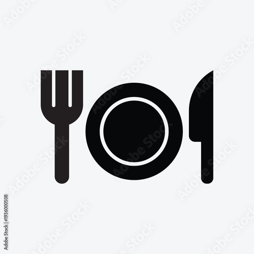 A simple black and white graphic depicting a fork plate and knife arrangement high-quality professional