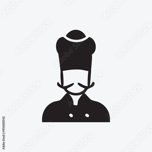 A minimalist black silhouette depicts a chef wearing a tall toque and sporting a distinctive mustache