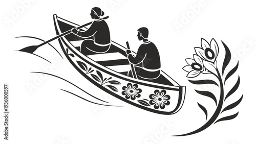 Traditional river festival silhouette with boat and oarsmen