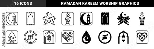 Islamic spiritual hybrid icons merging crescent moon with minaret mosque prayer rug quran holy book incense burner and kaaba compass in dual outline and solid style