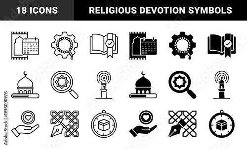 Islamic religious symbols integrated with modern functional elements featuring prayer rug calendars prayer bead gears and qibla compass designs