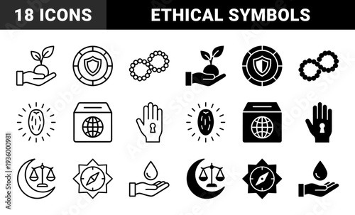 Abstract symbolic hybrid icons merging organic growth and ethical values featuring hand with seedling moon with scales and globe in ballot box