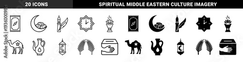 Islamic religious symbols merging traditional faith elements with daily life objects featuring prayer rug compass and minaret quill pen hybrid designs