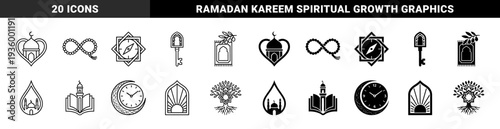Islamic spiritual symbols and cultural metaphors featuring hybrid designs with mosque architecture prayer beads qibla compass and botanical elements