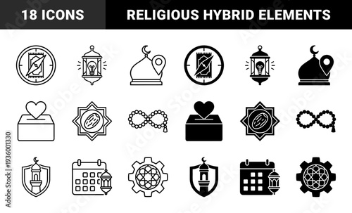 Islamic Religious Hybrid Icon Collection Combining Traditional Symbols With Modern Functional Elements Such As Location Pins Shields And Settings Gears