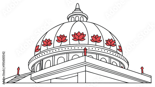 Temple dome with red lotus flowers and spire architecture