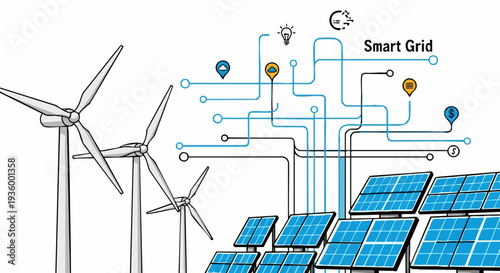 Modern smart grid vector illustration linking sustainable wind and solar energy sources