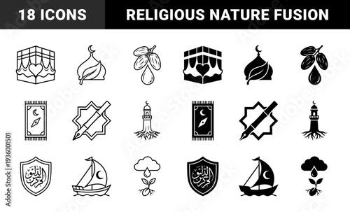 Islamic heritage symbol collection featuring hybrid metaphors merging traditional religious architecture with organic nature elements and academic growth motifs