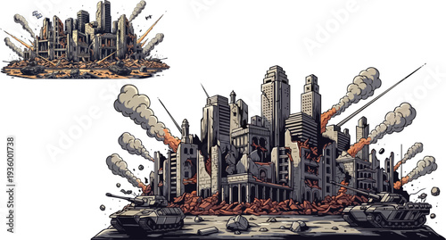 Destroyed Cityscape with Tanks and Explosions Vector Illustration