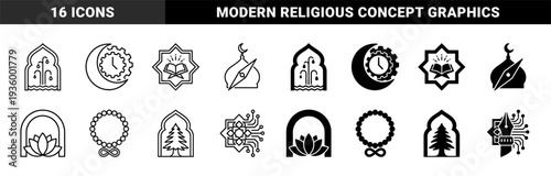 Collection of hybrid islamic symbols merging traditional middle eastern architecture and culture with modern technology and geometric elements