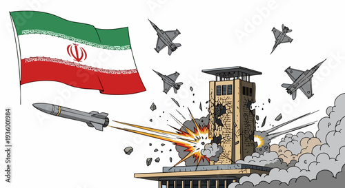Iranian Flag Waving Over Military Attack with Missile and Fighter Jets Vector