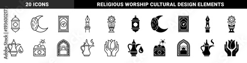 Islamic heritage symbols merging traditional elements with crescent moon and prayer rug motifs in a dual outline and solid minimalist style