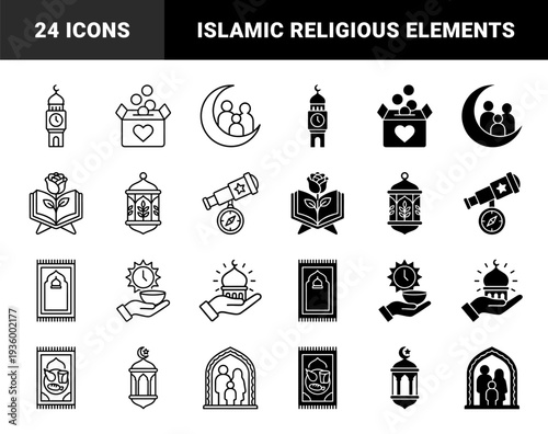 Islamic religious symbols merging traditional elements with modern hybrid concepts including quran with rose and mosque clock tower in outline and glyph styles