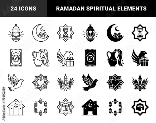 Islamic traditional men's attire and cultural accessories in a clean monolinear aesthetic. Minimalist black and white line art featuring thawb, kufi, and prayer essentials.