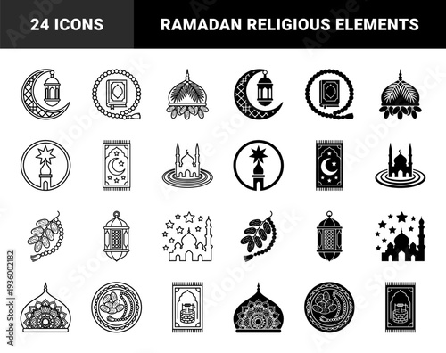 Islamic religious symbols featuring hybrid designs of crescent moon lantern quran book and mosque silhouettes for ramadan kareem and eid mubarak celebration